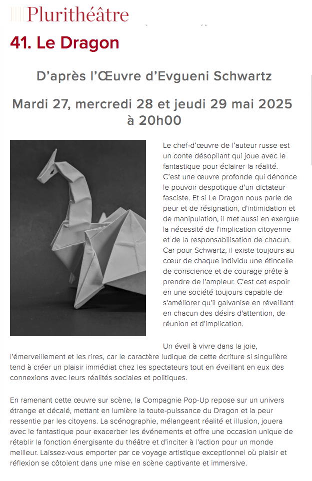 Page Internet. Plurithéâtre. Le Dragon d|après l|Œuvre d|Evgueni Schwartz. Adaptation Benno Besson. 2025-05-28